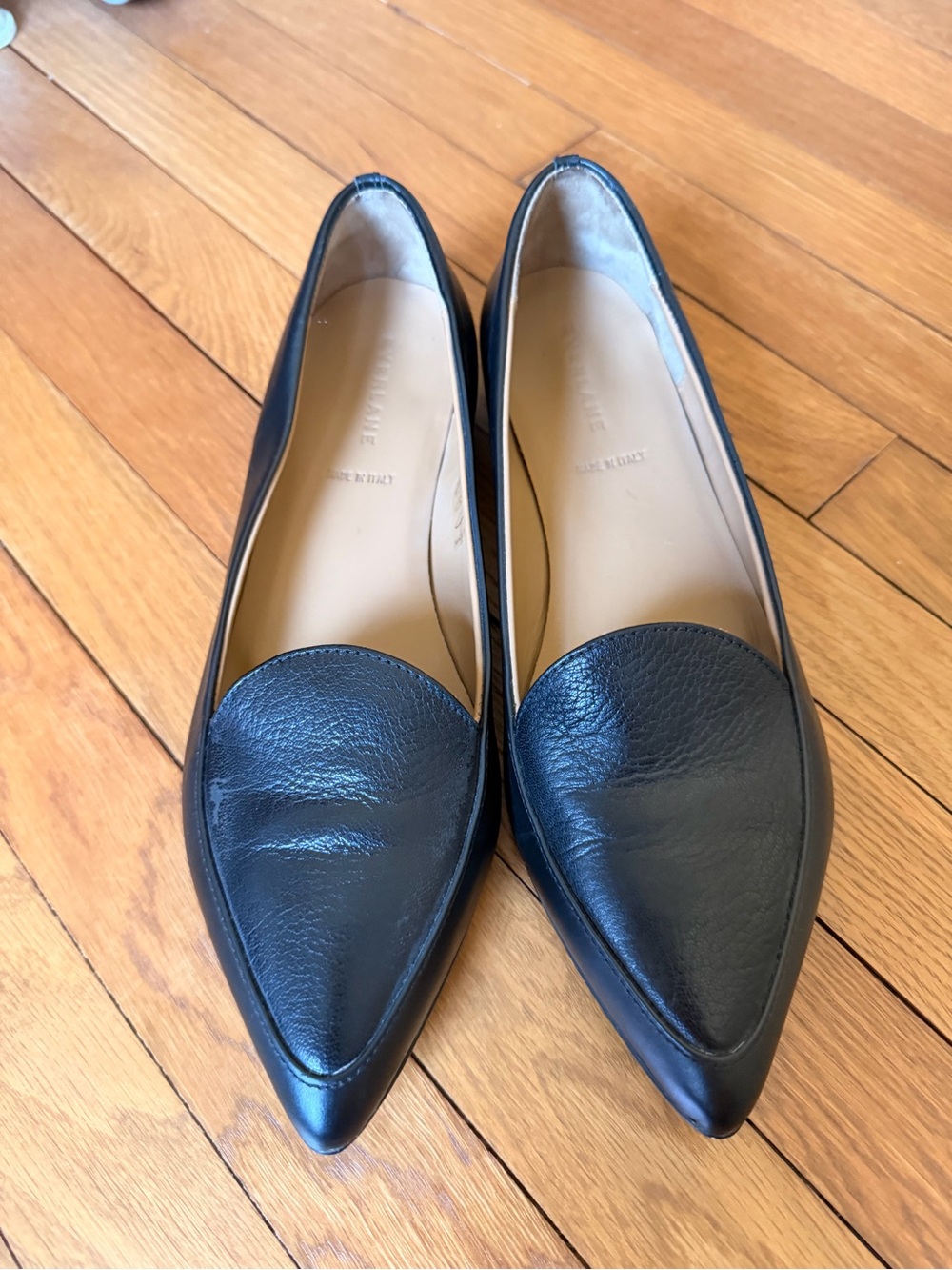 Black Pointed Leather Flats - Women's Slip-On Loafers size 8.5 but fits 7.5